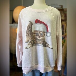 Wildfox Christmas Kitty Cat Kitten Santa Hat Pink Sweatshirt L